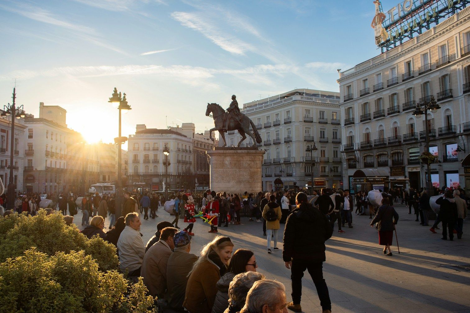 Busy Plaza Mayor in Madrid at dusk