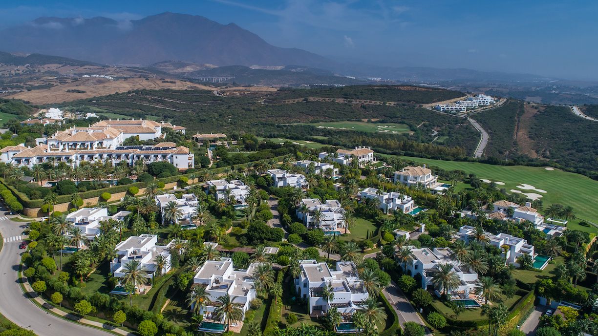 Aerial of Finca Cortesin resort in the hills outside Marbella