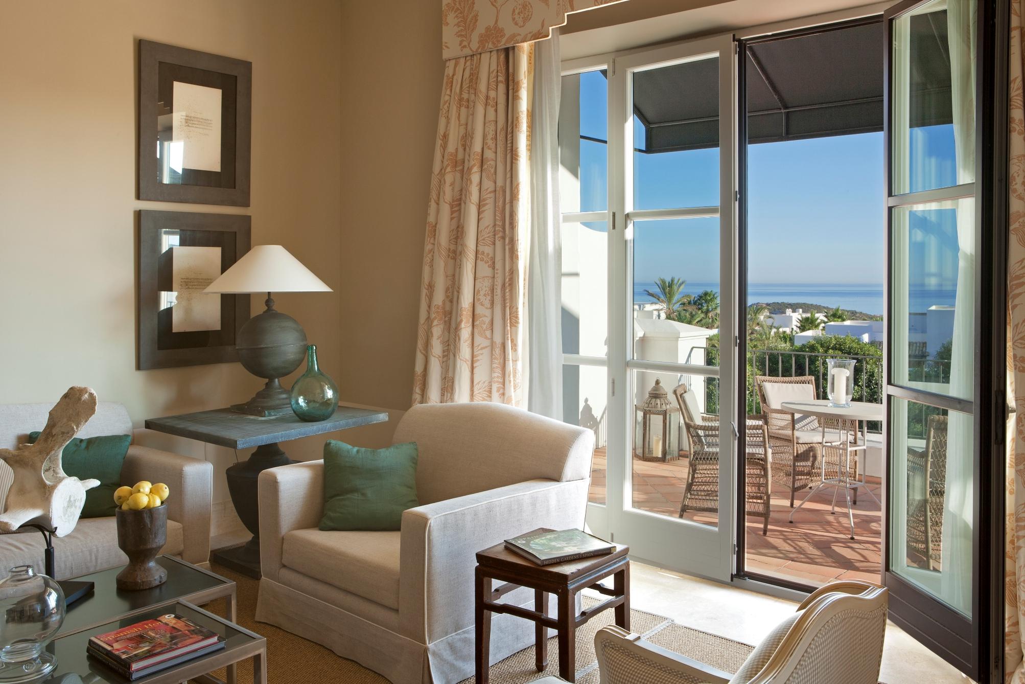 executive suite at Finca Cortesin hotel and resort in Marbella, terrace with sea views 